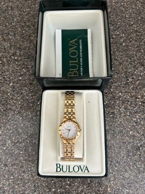 Bulova Gold Tone Bracelet Watch with White Dial